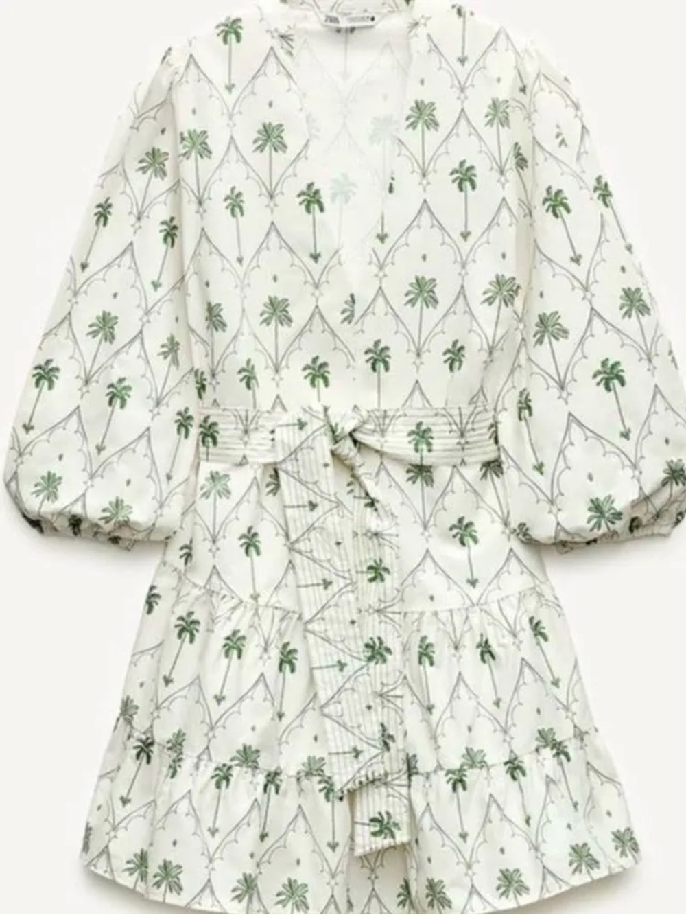 Zara Puff Sleeve Palm Tree Printed Mini Dress White Green Small - Picture 1 of 9